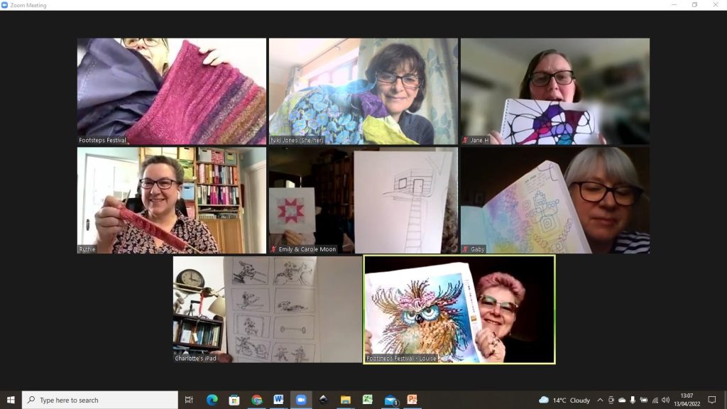 a screen shot of a Create and chat zoom meeting with the participants who are all holding up their various crafts