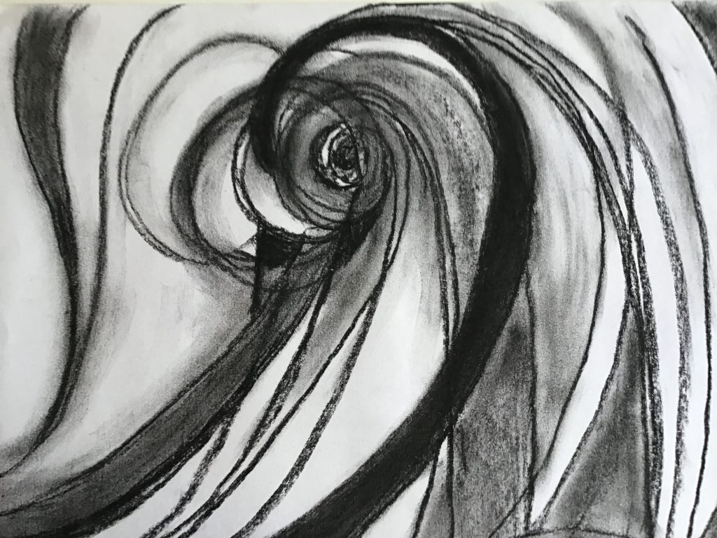 artwork with black swirls and spirals on white background
