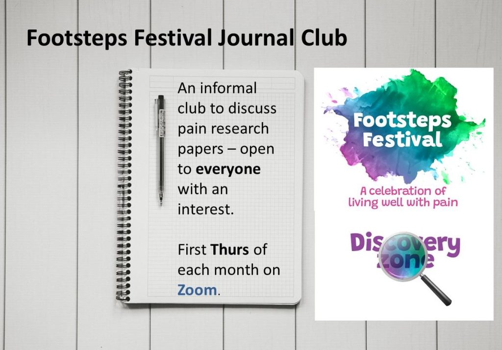 Journal club an informal club to discuss pain research papers - open to anyone with an interest. on the first Thursday of every month on zoom 7 pm