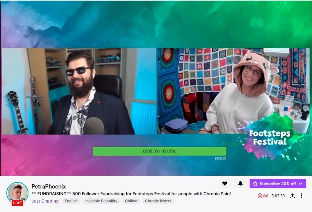 Screen shot of twitch stream where the donation total has gone over £900 and Petra is dressed as a flying squirrel