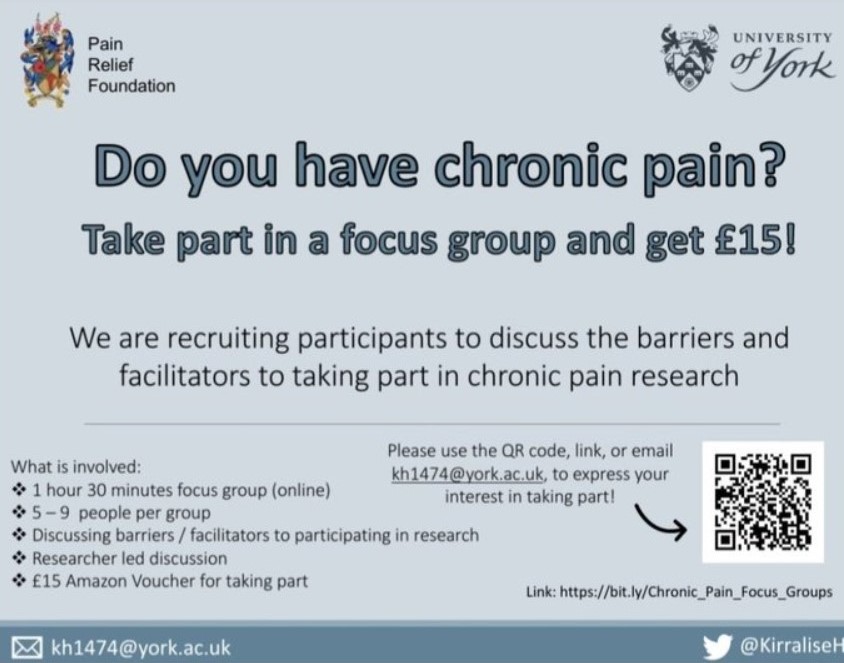 Do you have Chronic Pain? Take part in a focus group and get £15. looking at barriers and facilitators to joining in pain research, contact details below