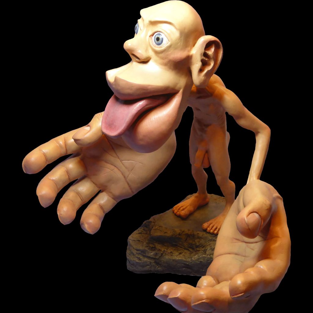 The humunculus which is a characterisation of the human body as the brain understands it. It has a big head, huge lips and very large tongue, hands, genitals and the rest of the body is much smaller