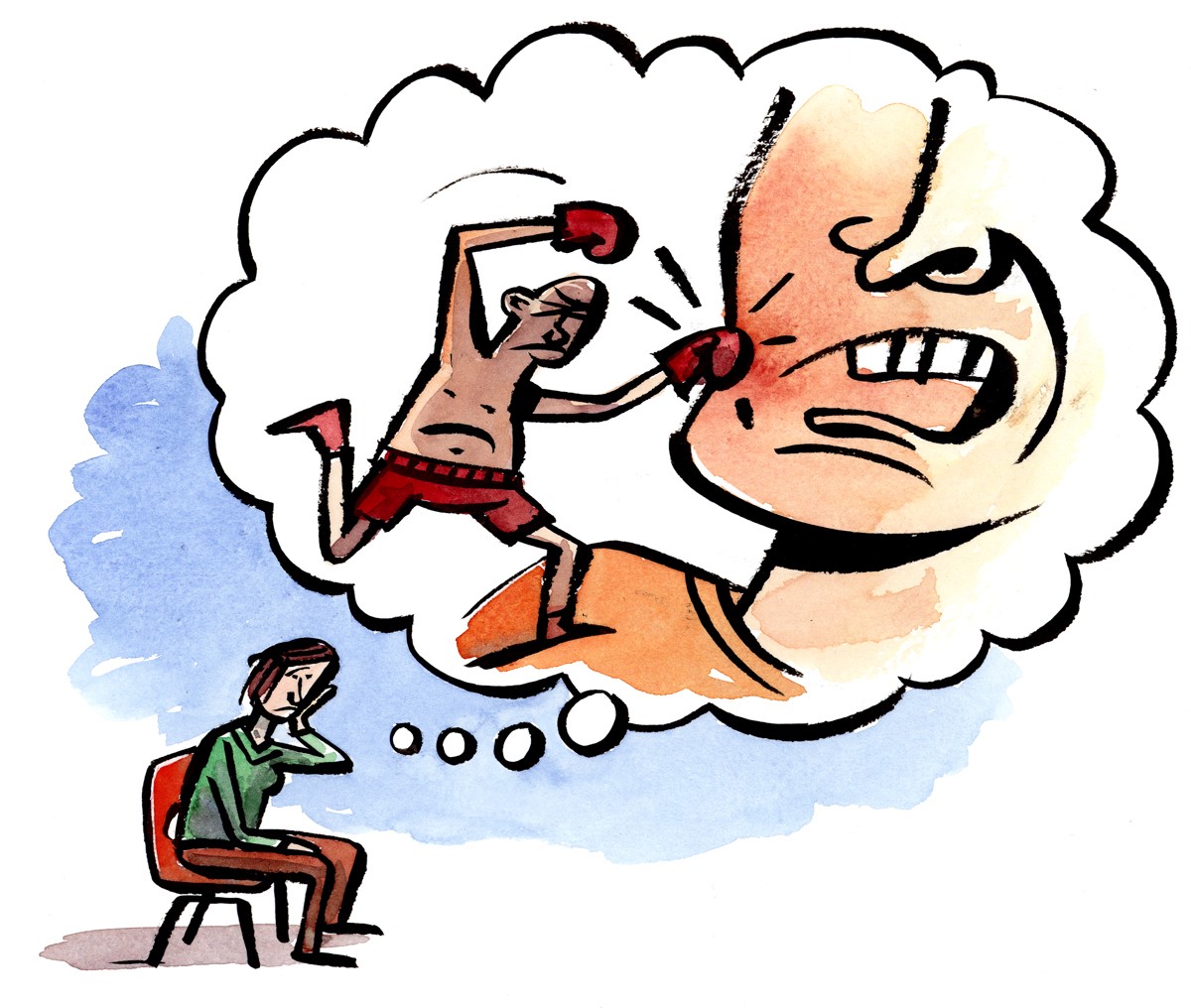 a person sits in a chair with their hand on their cheek. A large thought bubble shows a boxer punching the person in the side of the face.