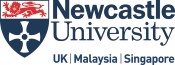 Newcastle University logo is shown in blue writing including a shield with a white cross and blue background below a red lion on a white background